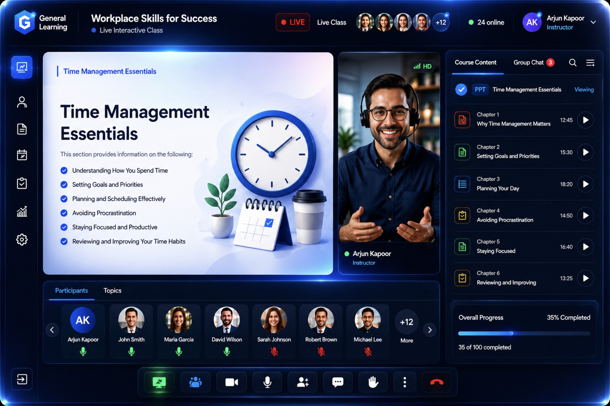 knewr live interactive class — course slide, instructor video, participants, course content panel and classroom controls